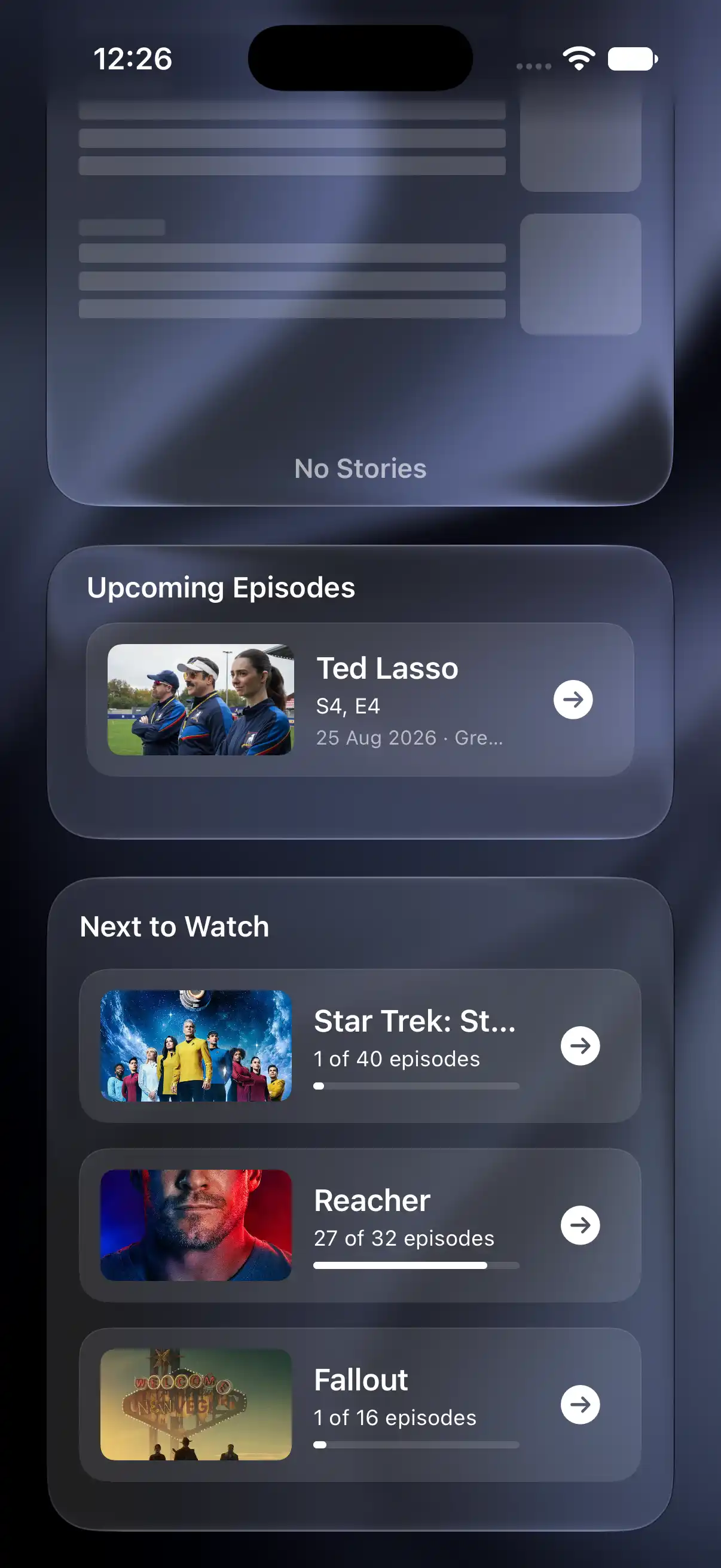 Nachoz Upcoming Episodes and Next to Watch widgets on an iPhone Home Screen