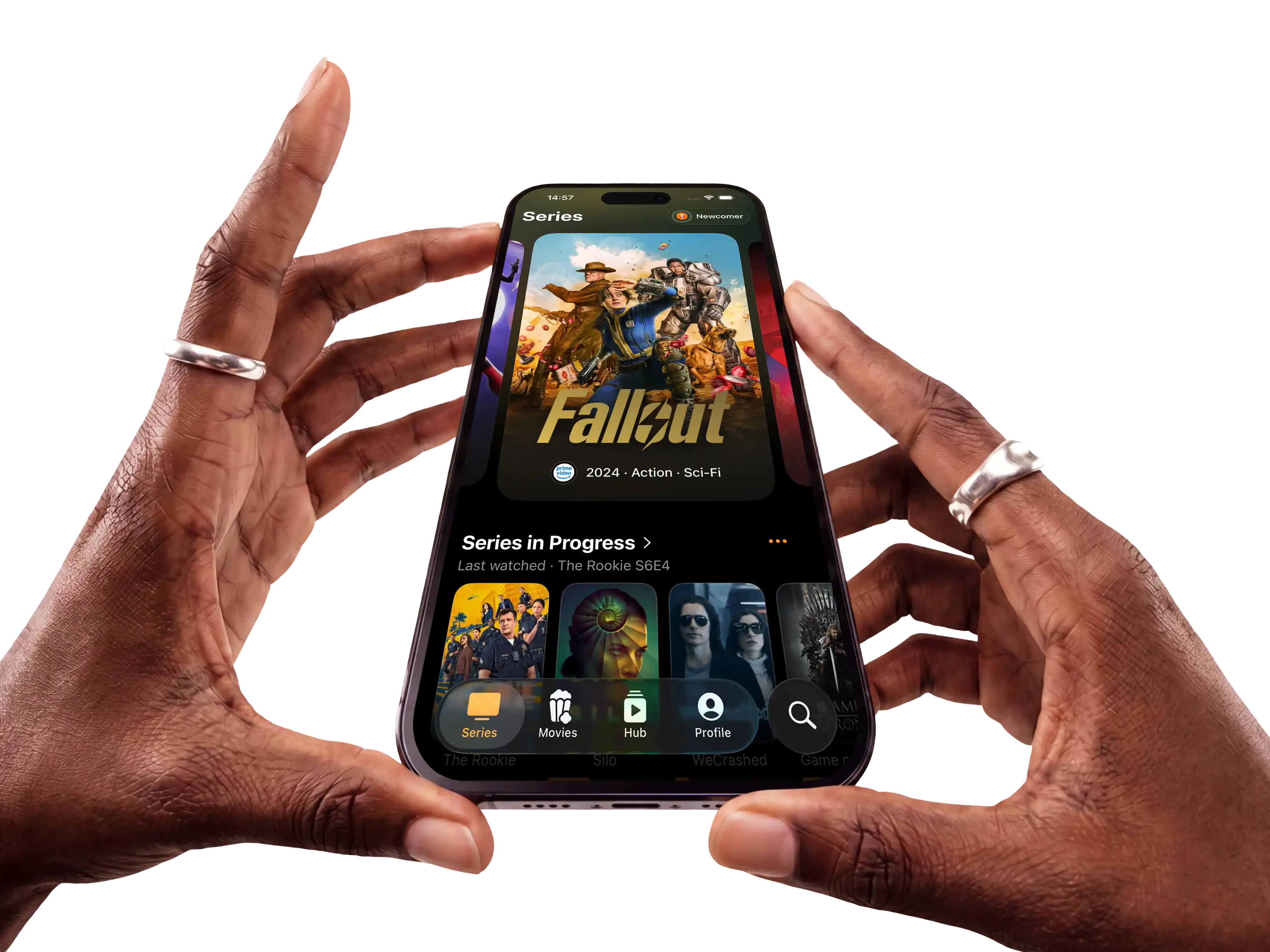 Two hands holding an iPhone showing the Nachoz series screen with Fallout featured and shows in progress below