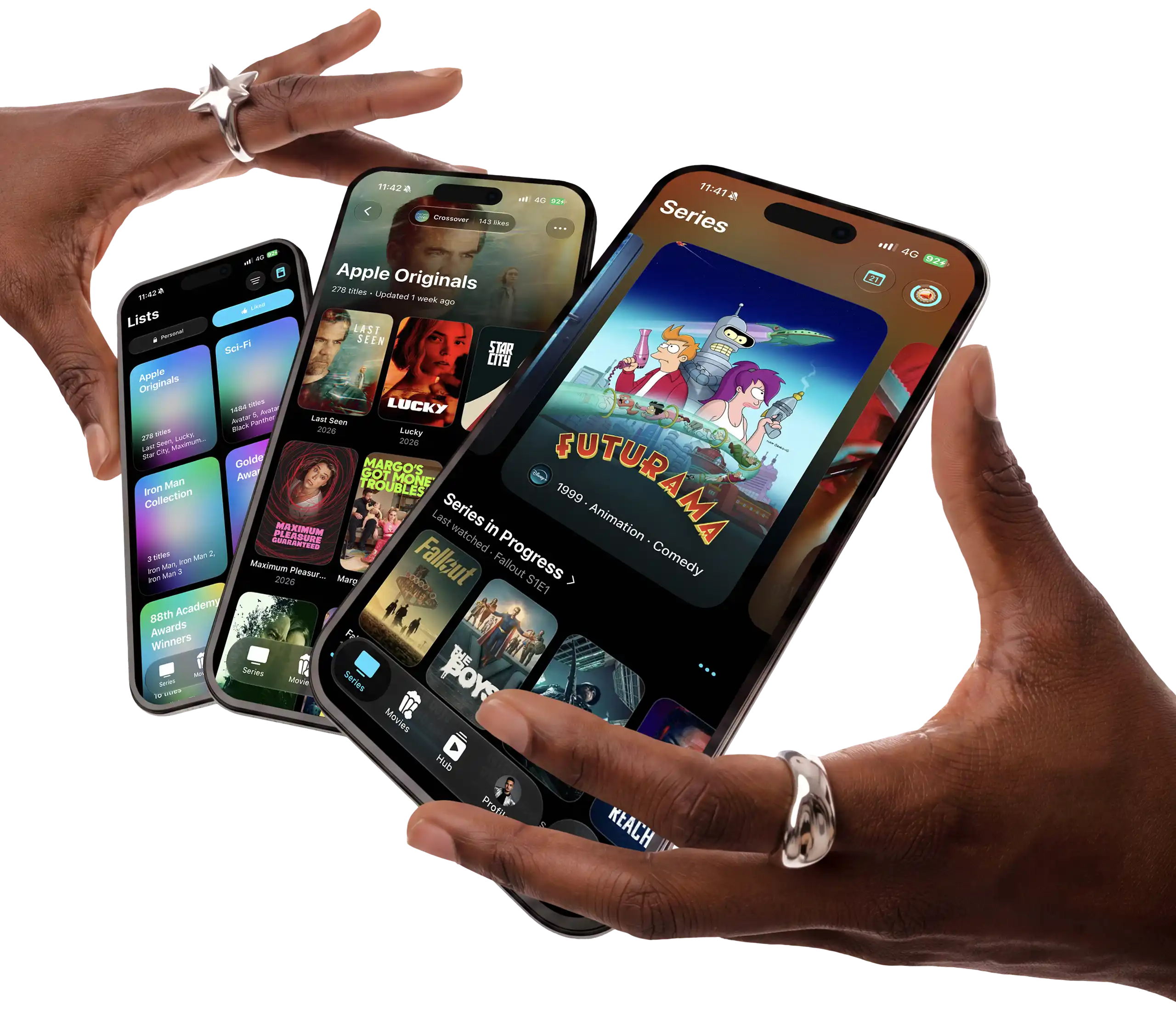 Nachoz displayed across three iPhones held in hand
