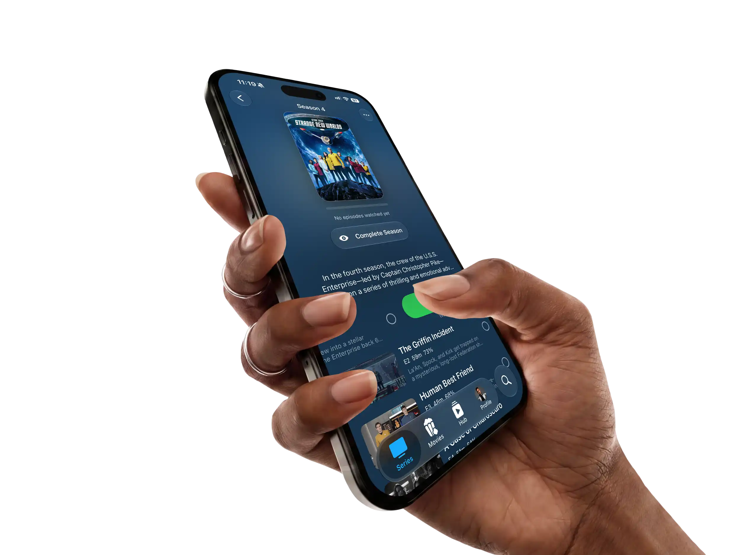 Nachoz showing episode-by-episode series progress on an iPhone held in hand
